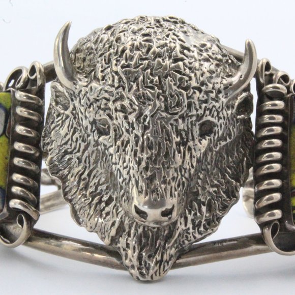 Rare! Gary Edwards Navajo Sterling Silver Trade Beads Buffalo Head Cuff Bracelet - Picture 1 of 11